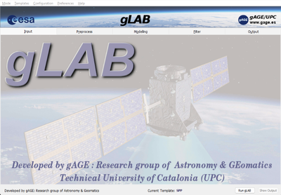 Finestra inicial del software de processament de dades GNSS gLAB, que ha sigut millorat de forma notable durant la tesi.Aquest software ja és usat per empreses, professionals i estudiantes i ja té impacte mundial.