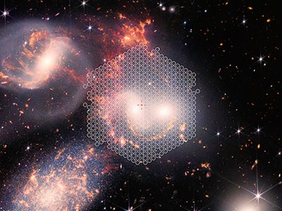 Imagen del telescopio espacial James Webb (JWST) del quinteto de Stephan, con el contorno del apuntado del LIFU del WEAVE para la observación de la primera luz.